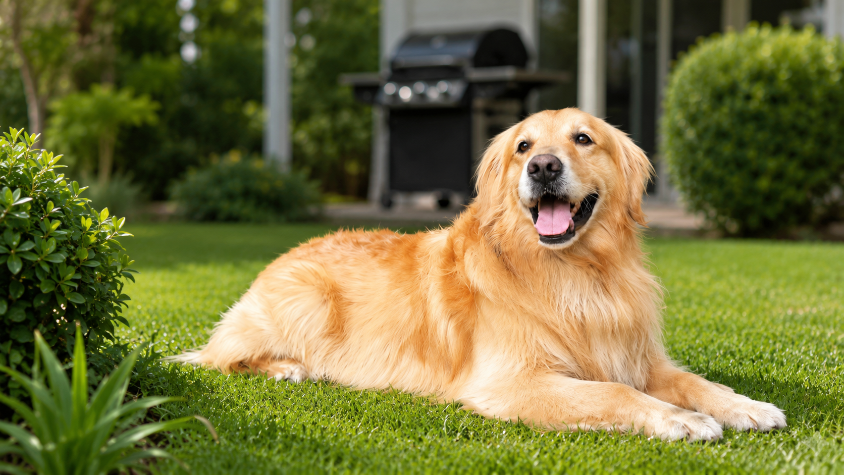 Golden Retriever adulto descansando en un jardín